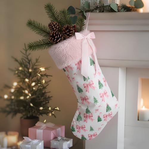 Pink Bow 18-Inch Christmas Stocking with Faux Fur