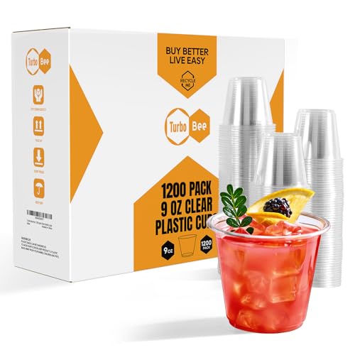 Turbo Bee 9oz Clear Plastic Cups, 1200 Pack, Disposable Drinking Cups