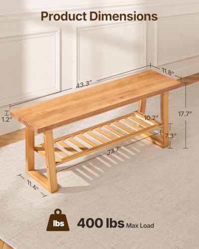 Amada Pine Wood Entryway Bench with Shoe Storage Shelf, Rustic Farmhouse Style