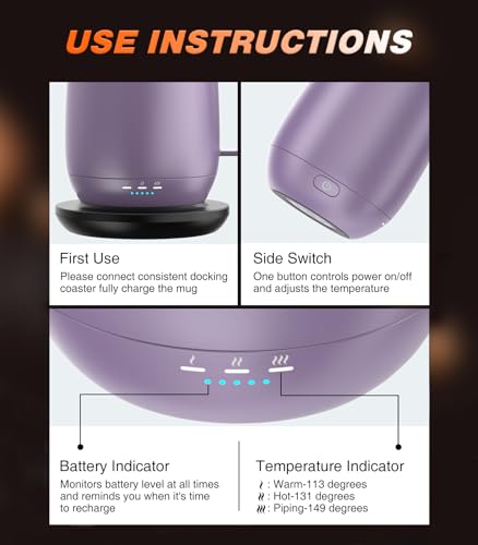 Kepwam Self Heating Coffee Mug T2, 16oz Smart Heated Coffee Mug, 150 Min Battery Life - Hot up to 149℉ Temperature Control Coffee Mug Warmer, Gifts for Dad Mom (No APP)