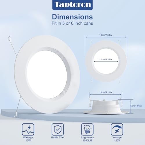 Taptoron White 6-Pack RGB Color Changing LED Recessed Can Lights 13W Dimmable Ceiling Downlights