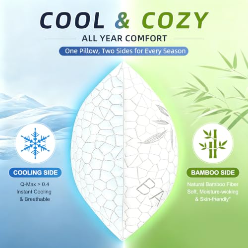 White Bamboo Cooling Shredded Memory Foam Queen Bed Pillows Set of 2 - Adjustable Support