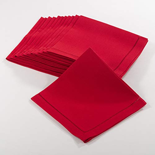SARO LIFESTYLE Red 20x20 Set of 12 Classic Hemstitch Cloth Napkins for Dining