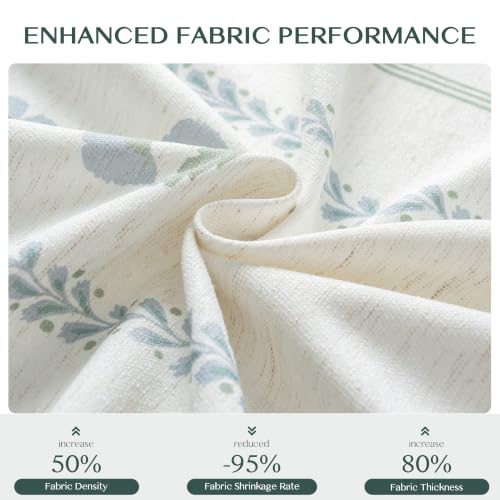 White Green Floral Linen Blend Curtains - 2 Panels, 40" W x 90" L, Farmhouse Style