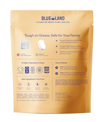 BlueLand Fragrance-Free 120 Count Plastic-Free Dishwasher Detergent Tablets - Eco-Friendly & Powerful Cleaning