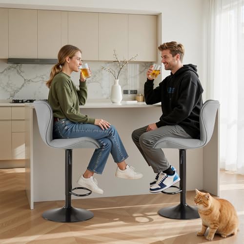 Sweetcrispy Set of 2 Grey Adjustable Faux Leather Bar Stools with Swivel