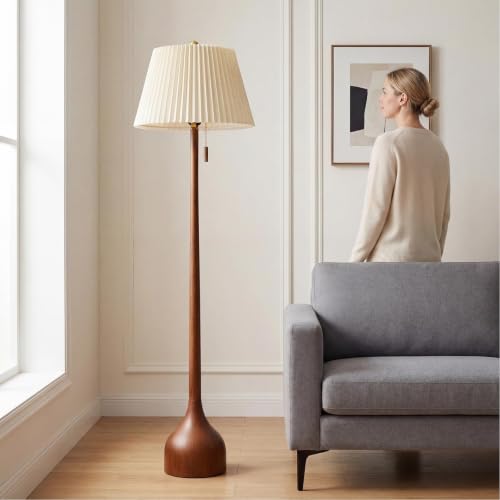 MOFFE Mid Century Walnut Wood Floor Lamp with Dual Shades - Amber Walnut Finish