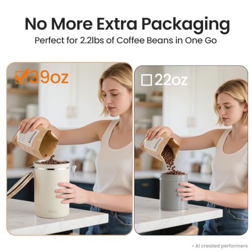 Cream Coffee Canister 39oz - Airtight Stainless Steel Food Storage Container