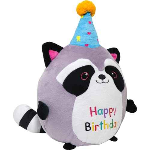 Raccoon Plush Toy 10 Inch Cute Birthday Stuffed Animal Soft Raccoon Plushies Pillow Wear Unicorn Birthday Hat Kawaii Cartoon Doll Gifts for Kid Toddlers Home Room Decoration