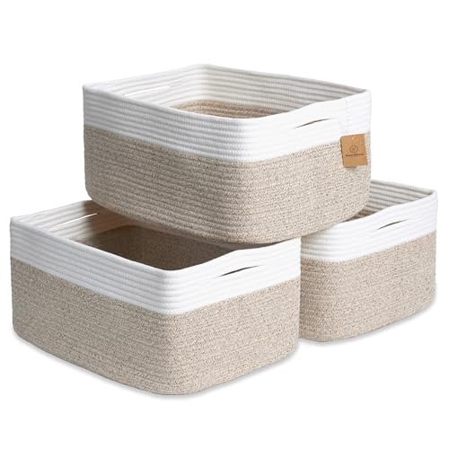 NaturalCozy 16.8 x 13 x 7.6 Inch Cotton Rope Storage Baskets 3-Pack Off White & Mixed Brown