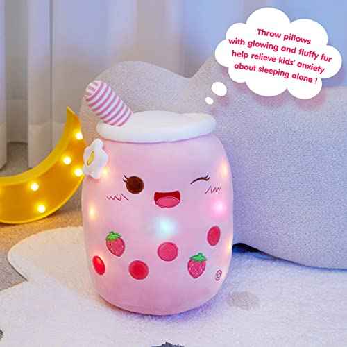 Athoinsu Light Up Strawberry Boba Tea Soft Plush Pillow 10'' Kawaii Milky Tea Stuffed Bubble Animal Toy with LED Lights Birthday Christmas Holiday Valentines Gifts for Kids,Girls,Boys