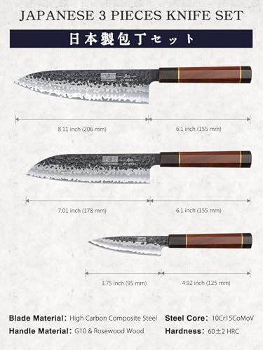 HOSHANHO 3-Piece Chef & Santoku Knife Set - High Carbon Steel Kitchen Knives