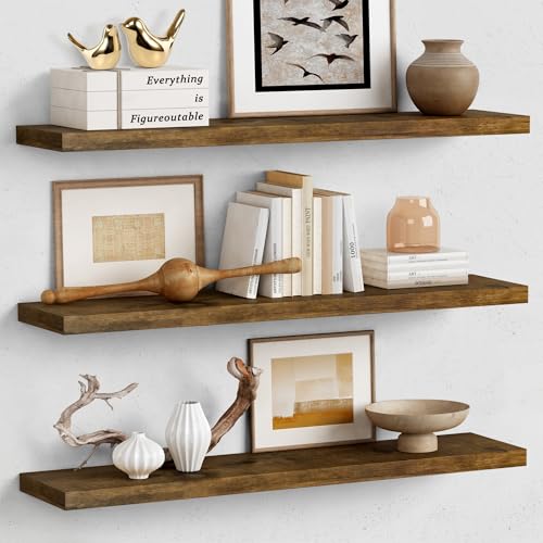 Forbena 36 Inch Rustic Brown Floating Shelves Set of 3 - Large Wall Storage