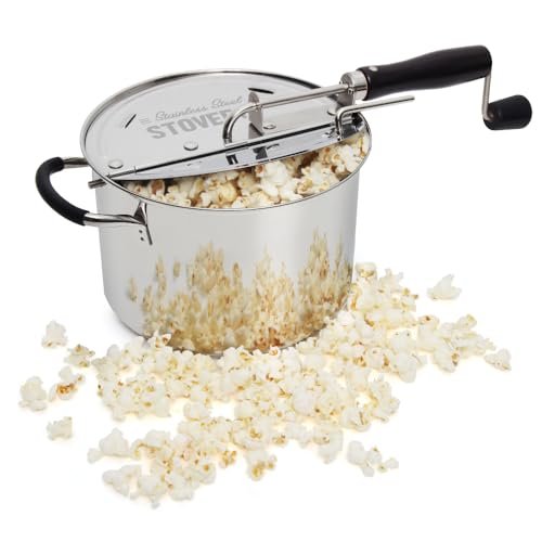 Stainless Steel Popcorn Popper - 6 Qt Induction Range Compatible, Hand Crank, Magnetic Lid