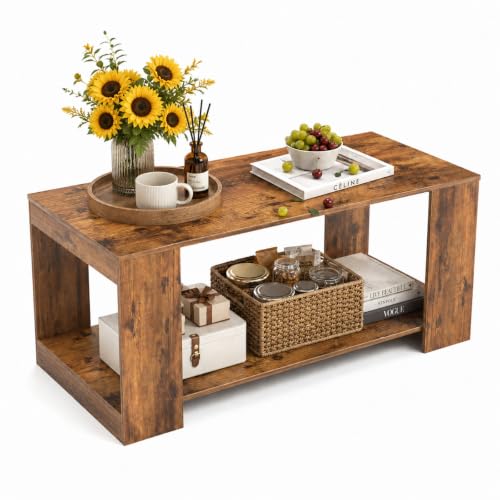 Coffee Table for Living Room - 39-Inch 2-Tier Wood Storage Table - Brown Rectangle Variation