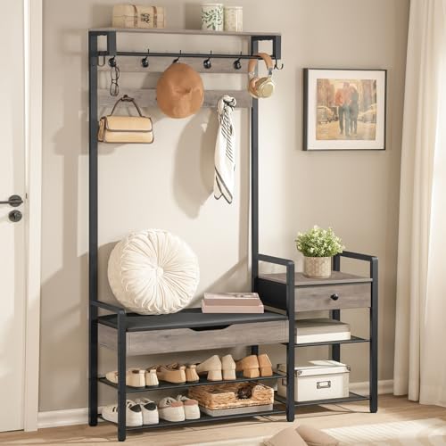 Hall Tree with Bench and Storage - Greige & Black Entryway Organizer