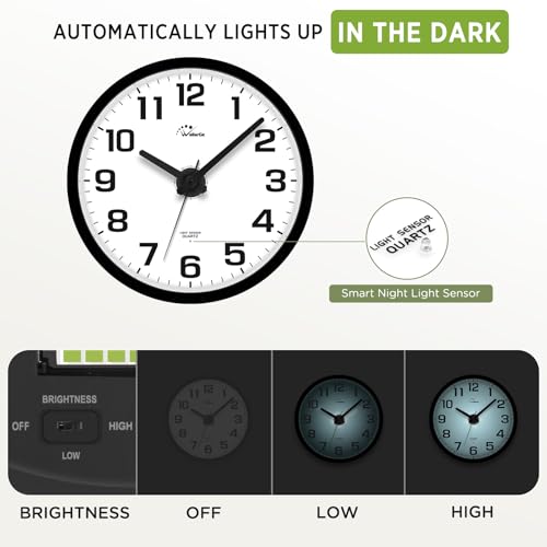 WallarGe 12-Inch Night Light Wall Clock for Bedroom - Black