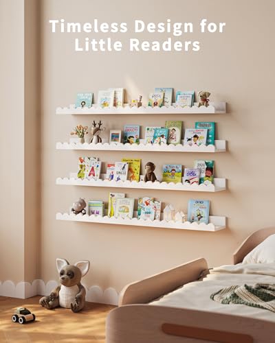 Shario White Nursery Book Shelves 36 Inches - Set of 4 Floating Wall Shelves for Kids Bedroom & Toddler Room