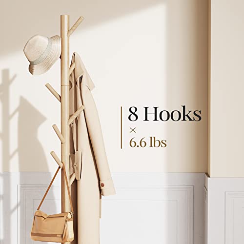 Pipishell Wooden Coat Rack with 8 Hooks - Freestanding, Adjustable Height, Natural Wood Finish