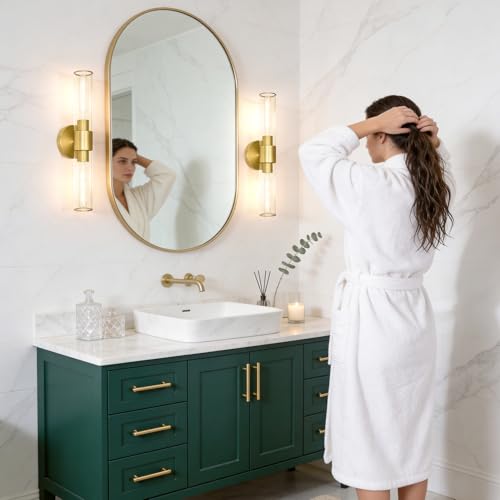 Brushed Gold Wall Sconces Set of 2 - 18.5in Modern Cylinder Glass Vanity Lights for Bathroom Mirror