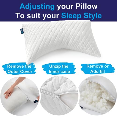 Sidney Sleep Adjustable Queen Size Cervical Pillow with Shredded Fill - Support for Side & Back Sleepers, White