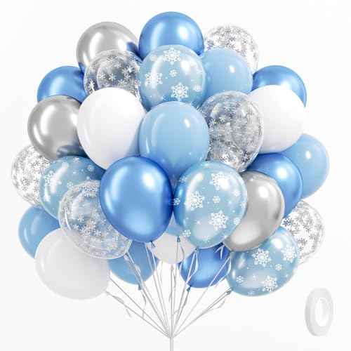 61pcs Winter Wonderland Balloons Set, Snowflake Confetti Balloons Blue Metallic Silver White Balloon for Snowflake Frozen Christmas Winter Wonderland Birthday Party Decoration