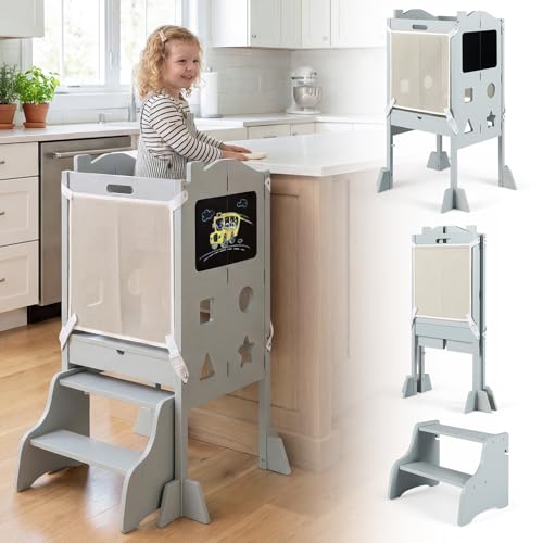 Costzon Grey 4-in-1 Toddler Folding Step Stool & Learning Tower with Chalkboards