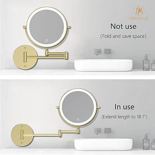 Brushed Gold 8-Inch Lighted Wall Mounted Makeup Mirror 1X/10X Magnification