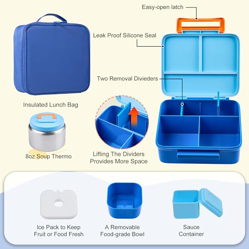 Kids Bento Lunch Box Set with Thermo - Leakproof 8oz Food Jar & Accessories - Blue1