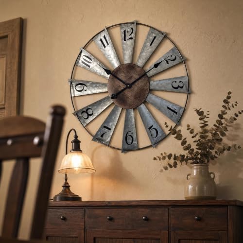 24 Inch Windmill Wall Clock - Rustic Metal Farmhouse Decor, Oversized Non-Ticking
