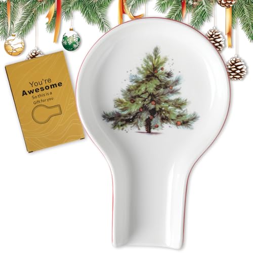 Christmas Tree Spoon Rest for Stove - Ceramic Spoon Holder by HAPPY KIT (Tree Variant)