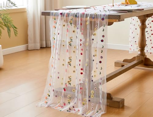 Wracra White Daisy Embroidered Cheesecloth Table Runner — 10ft x 28" W x 120" L
