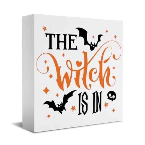 Cute Halloween Desk Decor, Halloween Decorations Indoor Signs Witch Bat Decor, The Witch Is In Sign Home Office Desk Shelf Cubicle 5 x 5 inch