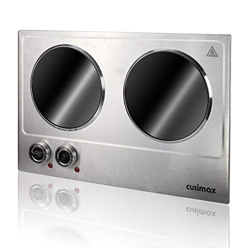 CUSIMAX Double 1800W Electric Hot Plate - Silver Cooktop with Independent Controls
