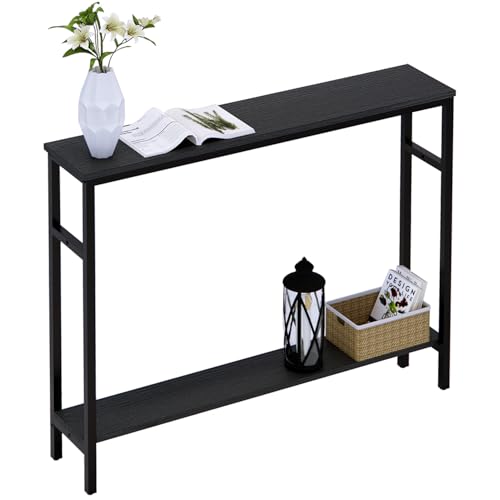 Black Narrow Console Table with Adjustable Shelf - 39.4 Inch Sofa Entry Table