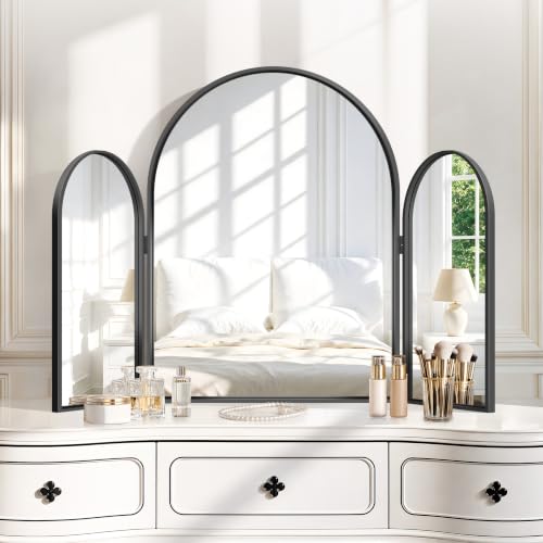 GLASHOM Black 36 x 24 Inch Arched Tri-Fold Vanity Mirror - Wall Mount/Tabletop
