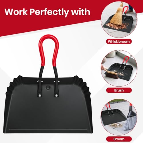 Heavy Duty Metal Dustpan Set - 17” Large Outdoor Debris Sweepers with Rubber Handles