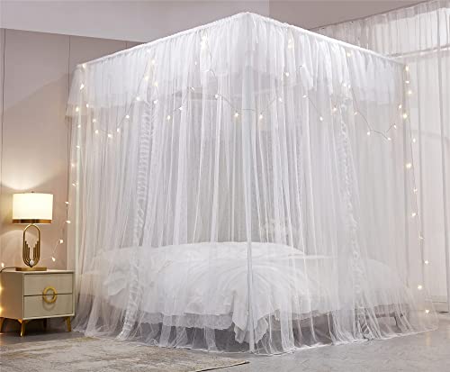 VETHIN White Double Layer Princess Bed Canopy Curtain for Queen Size Bed 59"W x 82"L