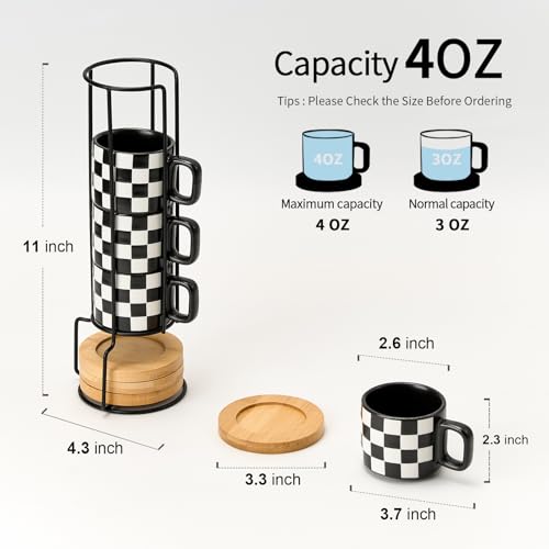 LUKA Black & White Checkered Stackable Espresso Cups Set with Saucers, 4oz - Variation 4BKG