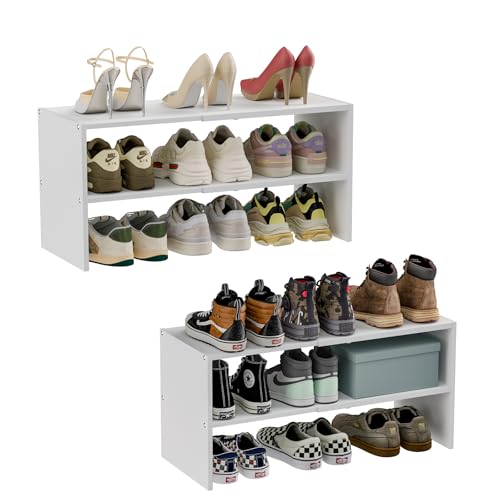 2 Pack White Adjustable Shoe Racks - 2-Tier Expandable Closet Shoe Organizers