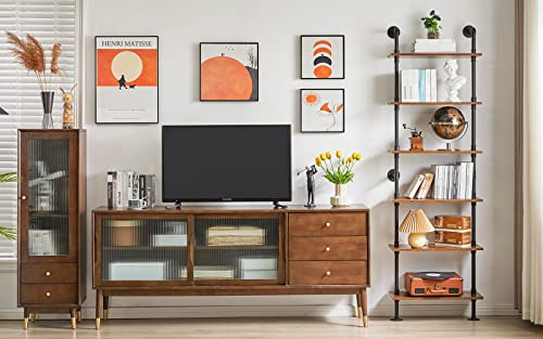 Industrial Pipe Ladder Shelf 6-Tier Wall Mounted Bookcase without Towel Holder - Rustic Brown
