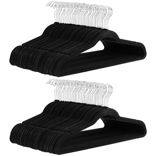 Black Velvet Suit Hangers - Slim Space-Saving Closet Organizer, Pack of 100