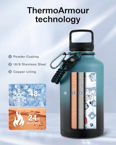 Indigo/Black 64 oz Stainless Steel Water Bottle with 3 Lids, Paracord Handle & Carrying Bag