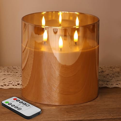 Eywamage Amber Gold 3 Wick Flameless Candle with Remote & Timer