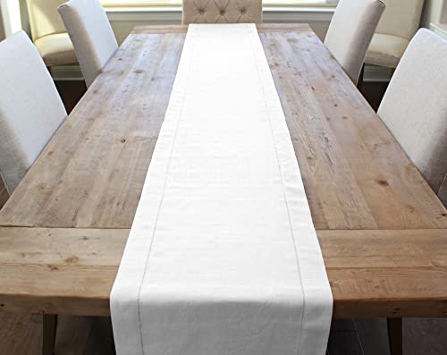 CleverDelights White Hemstitch Table Runner - 16" x 108" Linen Blend