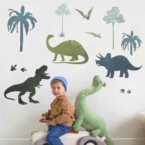 Yovkky Dinosaur Tropical Plant Wall Decals Stickers, Dino Palm Tree Footprints Toddler Baby Nursery Decor, Feet Tracks Paw Prints Home Decorations Kids Bedroom Playroom Art