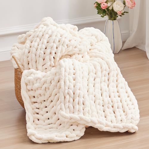 Cream White Chunky Knit Throw Blanket 50x60 Inches - Soft Chenille Wool