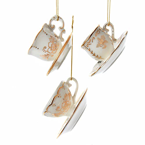 Kurt S. Adler Teacup Ornaments, White & Gold – 3 Assorted Porcelain Xmas Decor