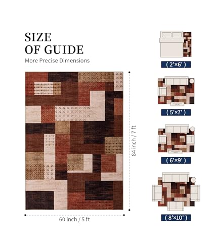 YIHOUSE Brown 5' x 7' Modern Geometric Patchwork Rug for Living Room & Bedroom