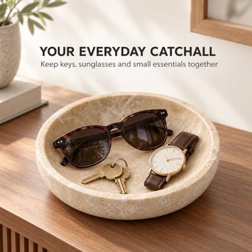 Beige Travertine Catchall Bowl - 7.87-Inch Decorative Jewelry & Key Dish